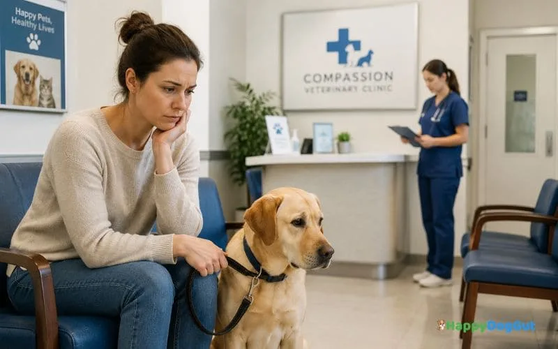 Concerned dog owner sitting with a Labrador Retriever in a veterinary clinic waiting room while a veterinarian stands in the background.