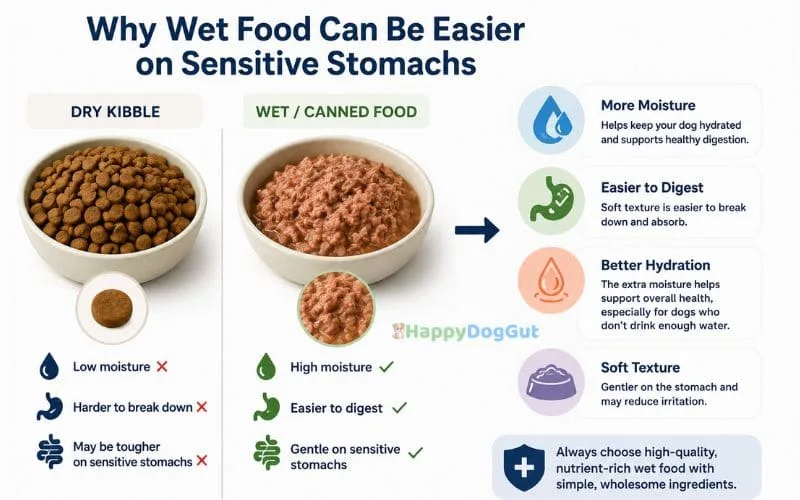 Comparison of dry kibble and canned wet dog food showing moisture, soft texture, hydration, and easier digestion.
