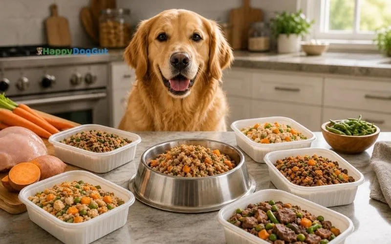 Fresh dog food meal containers with different proteins and vegetables arranged around a stainless steel dog bowl.
