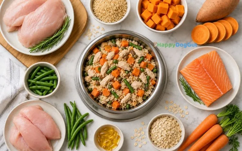 Chicken, turkey, salmon, pumpkin, sweet potato, brown rice, oats, carrots, and fish oil surrounding fresh cooked dog food.