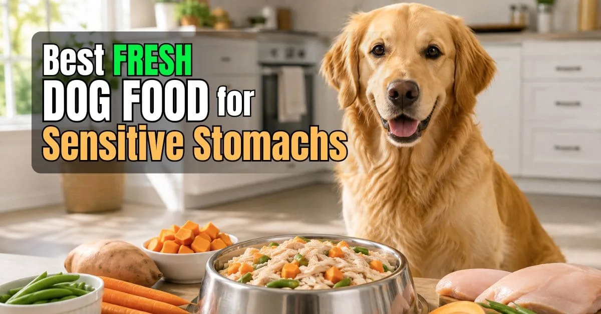 Golden Retriever beside a bowl of fresh cooked dog food with chicken, turkey, sweet potato, carrots, and green beans.