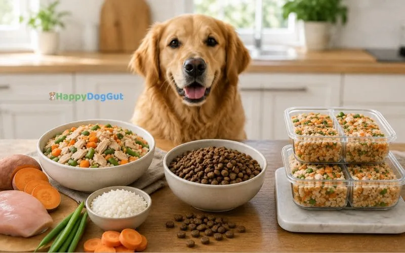Comparison of fresh cooked dog food, dry kibble, and refrigerated fresh dog food portions in a modern kitchen.