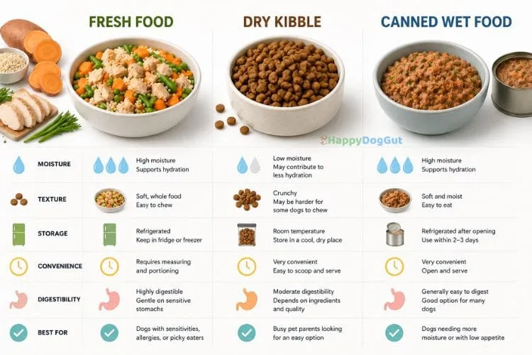 Three-bowl comparison of fresh cooked dog food, dry kibble, and canned wet food showing moisture, texture, storage, and convenience.