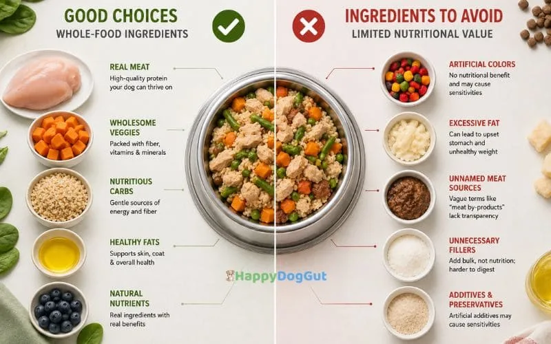 Fresh dog food ingredient comparison showing whole foods alongside artificial colors, excessive fat, unnamed meat sources, and additives.