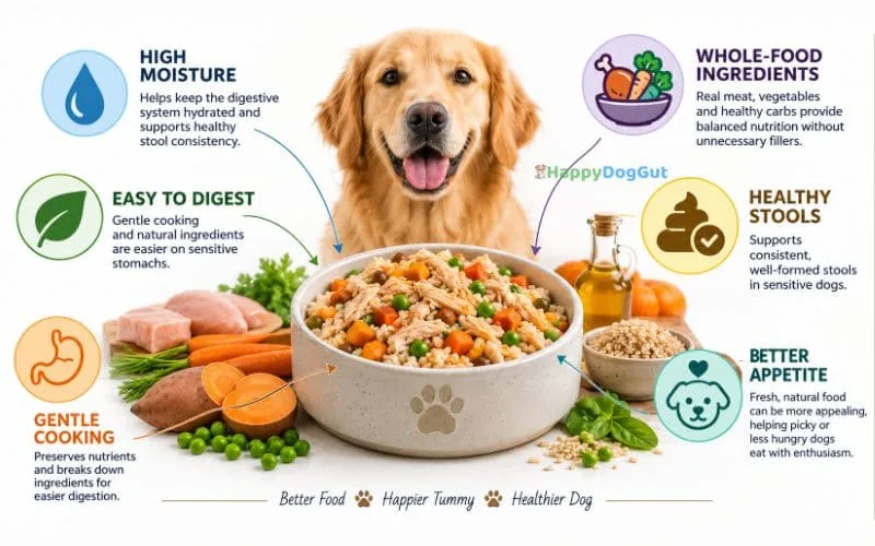 Fresh dog food infographic showing moisture, gentle cooking, whole-food ingredients, digestion, stool quality, and appetite.